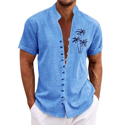 Merino Shirt Herren Herrenhemden Langarm T Shirt Bedrucken Stehkragen Palm Druck Sommerhemd Kurzarm Knopfleiste Strandhemd Yoga Shirt (Blau M)