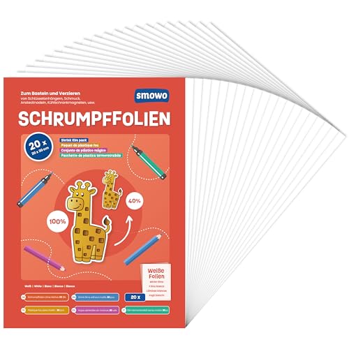 Smowo® 20 Stück Schrumpffolien transparent - schrumpfende Plastikfolien zum basteln - A4 schrumpffolienplatten matt