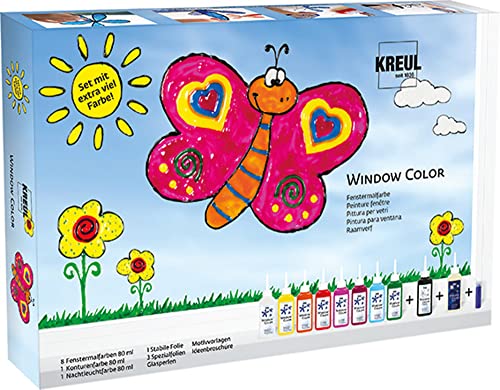 KREUL 42752 - Window Color Fenstermalfarben Set, mit 8 Farben in 80 ml Malflaschen, schwarze Konturenfarbe, Nachtleuchtfarbe, Folien, Glasperlen und Motivvorlagen