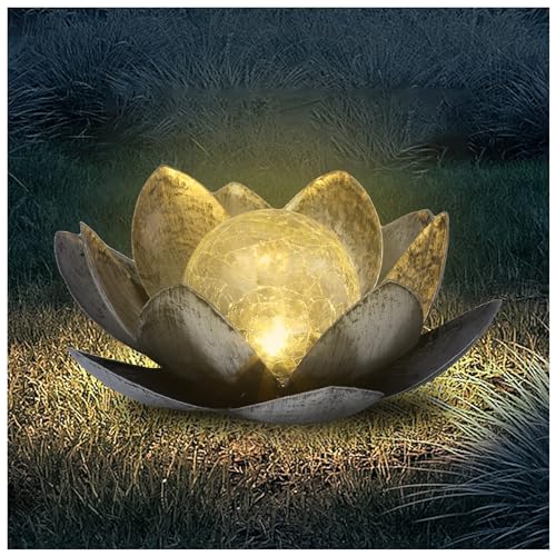 FLOWood Solarlampen für Außen Garten Lotus, Gartendeko für Draußen Lotusblten mit Crack Glas Kugel, Garten Geschenke für Frauen(Silber)