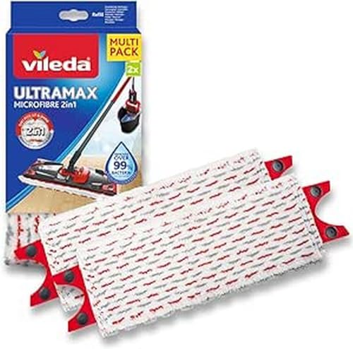 Vileda Ultramax Power Wischer Nachfüllpack, Mikrofaser, Blanc/Rouge Nachfüllpackung für Flachbesen, weiß/rot, 2 Stück (1er Pack)