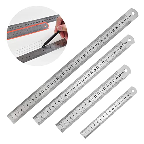 Edelstahl-Lineal 4er Set,Stahllineal,Metalllineal mit Doppelseiten Skala Kante,Messwerkzeug Metall (A)