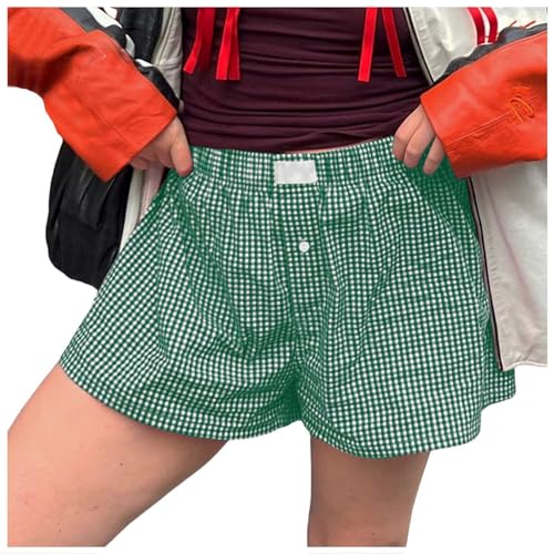 rtdgcv Damen-Shorts, süß, weich, kariert, mit Knopfleiste vorne, Pyjamahose, Shorts, Nachtwäsche Herren Shorts Sommer Blau Shorts Damen Kurz (Green, L)