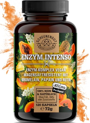 ENZYM INTENSO® Bromelain Kapseln - WICHTIG: Laborgeprüfte Rezeptur mit Bromelain(5000 F.I.P), Papain, Rutin I Ananas & Papaya Enzym I 120 Magensaftresistente Kapseln I SCHEUNENGUT®