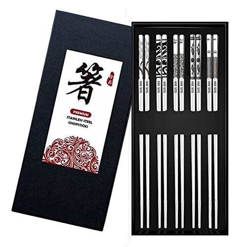 DONGDA Essstäbchen Wiederverwendbar, 5 Paar Edelstahl Essstäbchen, Anti-Rutsch Stäbchen Spülmaschinenfest Japanische Essstäbchen, Metall Essstäbchen Personalisiert Chopsticks Geschenkset