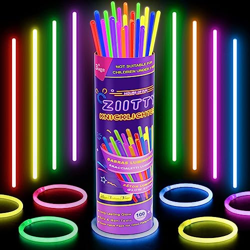 Ziitty Knicklichter Party Set, 7 Tolle Farben Knicklichter Kinder, 100 Leuchtstäbe mit 100 Verbinder für Armbänder Armringe,Neon Party Gadgets für Party Deko Hochzeiten Silvester Feuerwerk Party