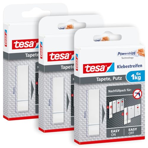 tesa Klebestreifen Tapete & Putz im 3er Pack - Klebestreifen zum tesa Klebenagel für Tapeten und Putz - 1 kg Halteleistung pro Streifen - 3 x 6 Streifen