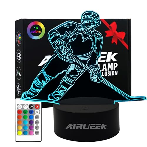 AIRUEEK Eishockey Geschenke Jungen Nachtlicht, Hockey Geschenke für Jungs, 3D Optische Täuschung Lampe 16 Farben Ändern, Weihnachten Geburtstags Geschenke für Sport Eishockey-Fans