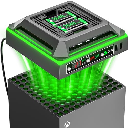 Tokluck Lüfter für Xbox Series X Konsole mit RGB Licht, Ladestation mit 2X 2640mWh Xbox Controller Akku für Xbox Series/One-X/S/Elite Controller, Xbox Series X Kühler mit 2 USB Ports für Xbox Zubehör