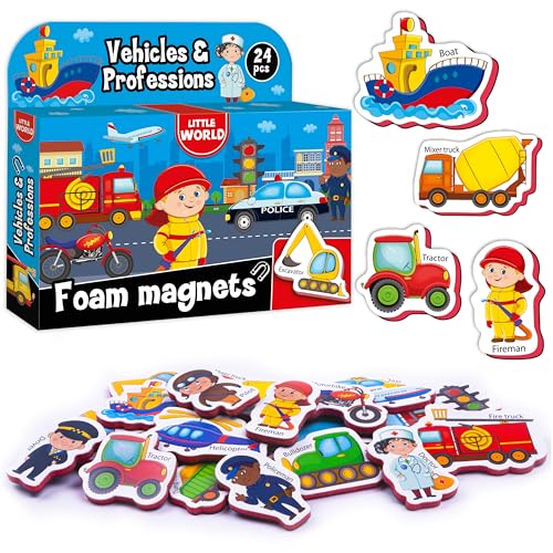 Little World 24 Magnete Kinder für Magnettafel - Kühlschrankmagnete Kinder - Magneten Kinder Spielzeug - Magnete Kinder Kühlschrank - Magnetische Autos und Fahrzeuge - Kinder Magnete