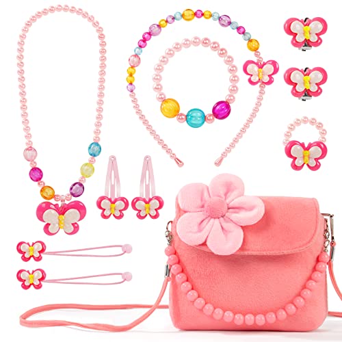 OSDUE Kleine Mädchen Plüsch Handtaschen, Schmuckset für Mädchen, Kette Halskette Armband Ring Schmuckset, Süße Plüsch Handtasche für Party Dress Up Geschenk(Rosa)