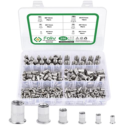 Foliv 250 Stück Nietmuttern Sortiment Set, M3 M4 M5 M6 M8 M10 Nietmuttern Sortiment Nietmutter A2-70 Edelstahl Zugnietmutter Rivet nuts Muttern mit Aufbewahrungsbox