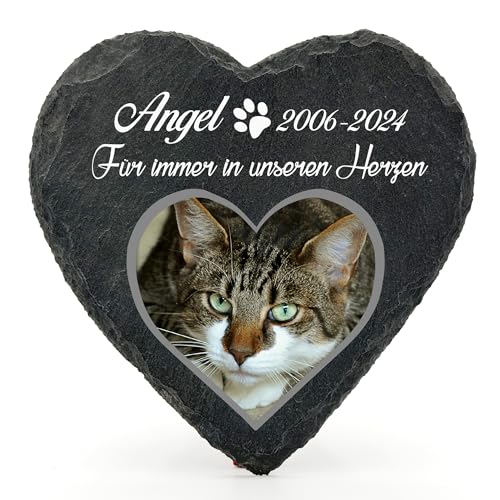 Individueller Personalisiert Herzform Tiergrabstein Schiefer Gedenkstein für Hund, Katze und andere Haustiere Tiere - Größe | 10 x 10 cm | - Foto und Name