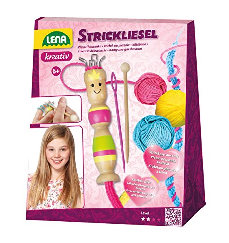 Lena 42375 Bastelset Strickliesel, Komplettset mit Liesel und Strickhaken aus Holz, Stricknadel und Garn in 3 Farben je 15 m, Strickset für Kinder ab 6 Jahre, Starter Set zum Stricken Lernen, Rosa