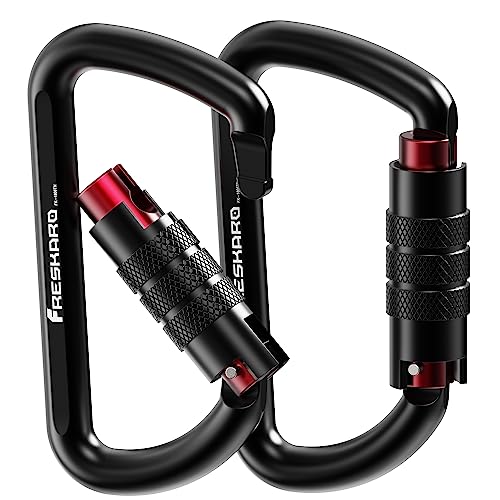 FresKaro Karabiner Schwarz, mit Drehsicherung, 12kN-1224kg Twist Lock, Aluminium, Ultraleicht Belastbar, Autolock, Schnellverschluss Karabina für Hängematte, Schlüssel, Hundeleine, 2 Stück