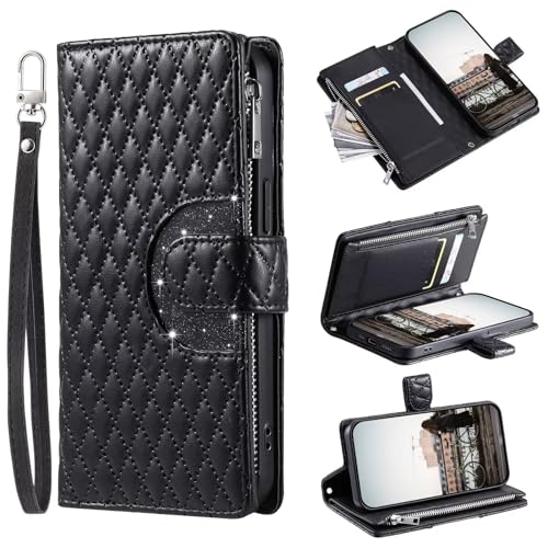 Tivenfezk Nadoli Glitzer Handyhülle für Samsung Galaxy S22 PU Leder Hülle Wallet Case mit Handschlaufe Kartenhalter Reißverschluss Brieftasche Handytasche Schutzhülle