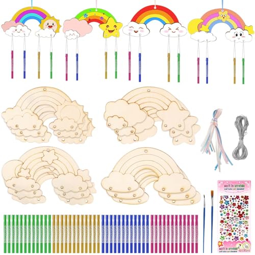 Mkitnvy 12 Stück Windspiel Bastelset Kinder, Regenbogen Holz Klangspiel Basteln Bastelhandwerk mit Hängendem Klangspiele, für Kinder Mädchen Jungen ab 5 6 7 8 9, Ostern Outdoor Dekorieren