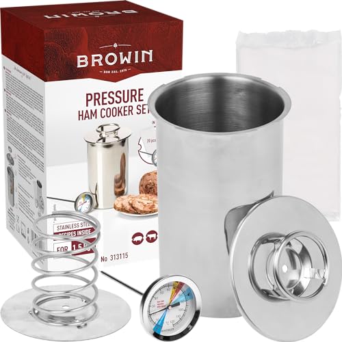 BROWIN Rostfreier Schinkenkocher Edelstahl | Schinkernpresse Set mit Thermometer und Beutel | Schinkenform Kochschinkenform für gesundes hausgemachtes Fleisch Presse