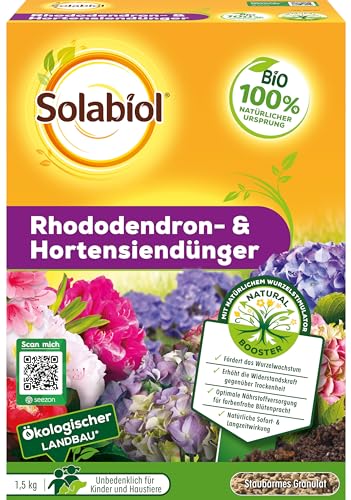 Solabiol Rhododendron- & Hortensiendünger, Spezialdünger mit Sofort- und Langzeitwirkung für Rhododendron, Hortensien und andere Moorbeetpflanzen, 1,5 kg, gelb