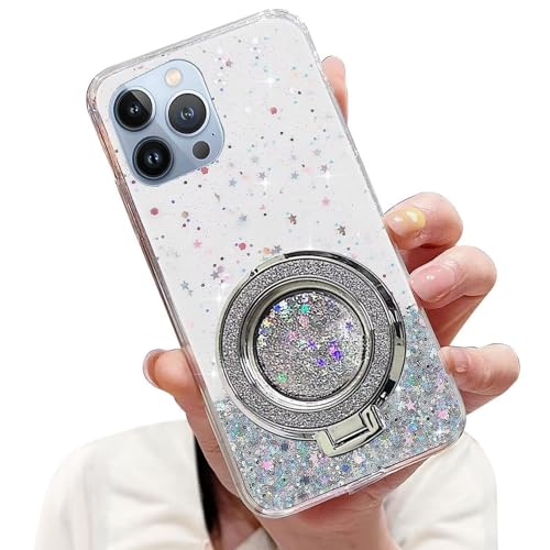 Tivenfezk Nadoli Sparkle Treibsand Ständer Hülle für iPhone 14 Pro,Versteckt Ständer Ring Klar Glitzer Stern Handyhülle Durchsichtig Bling Schutzhülle Case Cover,Klar