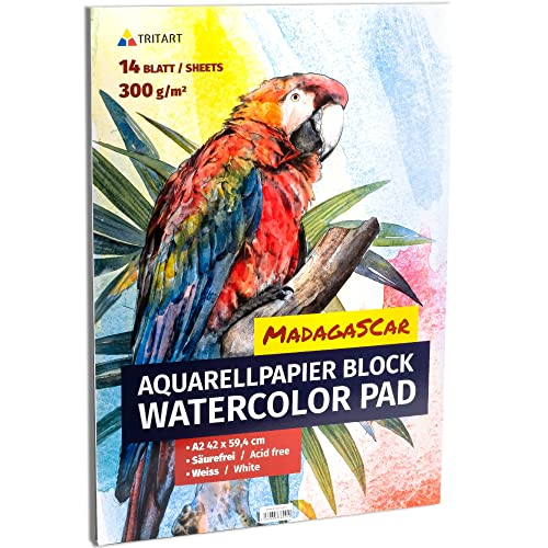 Tritart Aquarellpapier Din A2 300g/m² - Malblock A2 mit 14 Blatt - Aquarellblock zum Malen - Watercolour Paper - Aquarell Papier - Zeichenpapier A2 Block mit 14 Blätter