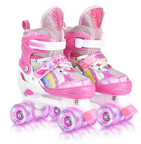 YUDOXN Rollschuhe Mädchen Verstellbar.komfortabl LED Rollerskates für Jugendliche und Anfänger.3 Größen, verstellbar von 31 bis 42, Rollerskates.Verstellbar Rollschuhe für Kinder (Regenbogen A, S)