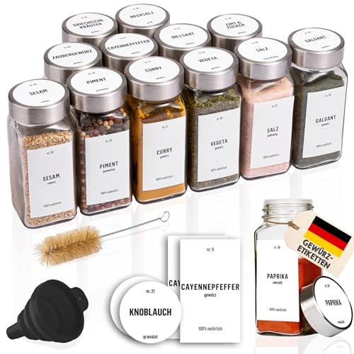 Deco haus® Gewürzgläser eckig luftdicht 12er Set [inkl. Etiketten & Streueinsatz] - Gewürzdosen Set Glas - Gewürzbehälter Spice Jars - Gewürze Aufbewahrung - Behälter für Gewürze - Gewürzaufbewahrung