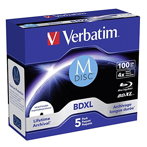 Verbatim MDISC BDXL Blu-ray Rohlinge 100 GB, Blu-ray-Disc mit 4-facher Schreibgeschwindigkeit, 5er-Pack Jewel Case, großflächig bedruckbar, Blu-ray-Disks für Video- und Audiodateien