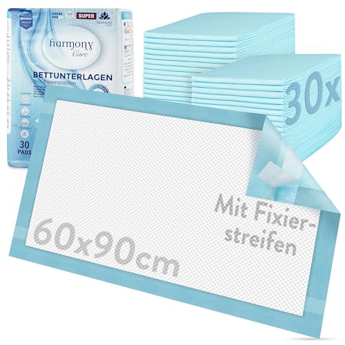 Harmony Care® 30 x Inkontinenz Bettunterlage mit Fixierstreifen - saugstarke Krankenunterlagen 60x90 - rutschfeste Inkontinenzunterlagen einweg