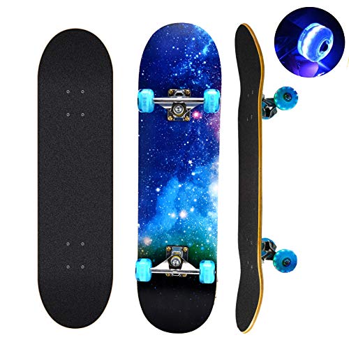 Komplettes Skateboard, 78,7 x 20,3 cm, 9 Schichten kanadisches Ahornholz, Deck-Skateboard mit bunten blinkenden Rädern für Kinder, Jugendliche und Erwachsene (Blau)