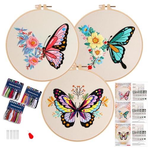 Smart-Feather 3 Stück Schmetterling Stickerei Kit für Anfänger, Hand Stickerei Kits für Erwachsene mit Hoop, DIY-Kunstprojekt-Bastelset (Schmetterling)