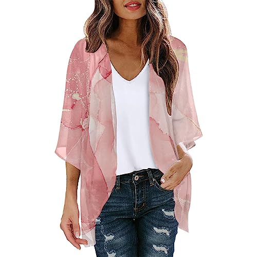 Hawaii Outfit Damen T-Shirt Damen-Cardigan Chiffon mit Blumendruck Puffärmeln Lockeres Cover-Up Lässige Blusen-Tops Hoodie Kleid Damen Sommer Locker Damen V-Ausschnitt Tshirt