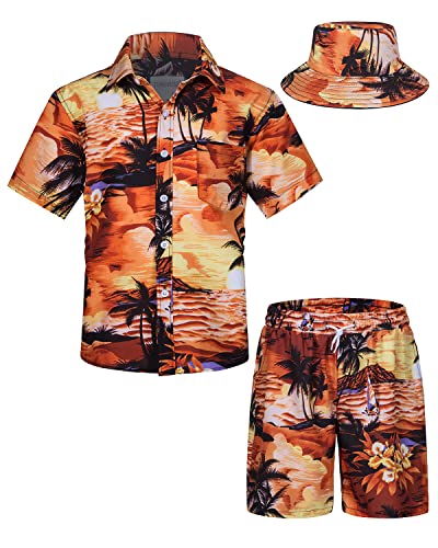 TUNEVUSE Kleine und große Jungen Hawaiian Button Down Hemds und Short Set Tropical Print Sommerkleid mit Matchstick Hut Kinder 2-teilige Kleidung Cabana Set Orange 9-10T