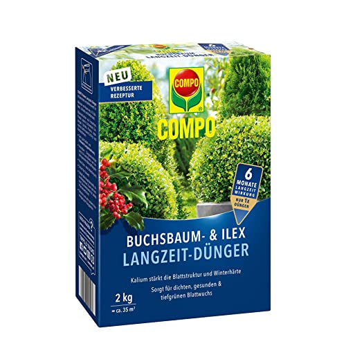 COMPO Buchsbaum- und Ilex Langzeit-Dünger, Für Buchsbäume, Stechpalmen und Hecken, Umweltschonendere Rezeptur, 6 Monate Langzeitwirkung, 2 kg, 40 m²