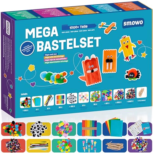 Smowo® Mega Bastelset Starterset - Bastelbox Mix - mit kreativen Bastelideen - Bunte Bastelbedarf Box zum basteln für Mädchen und Jungen