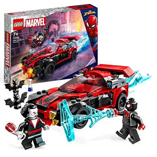 LEGO Marvel Miles Morales vs. Morbius Set, Spider-Man Rennwagen Spielzeugauto zum Bauen aus Abenteuer im Spiderverse mit Spidey Minifiguren 76244