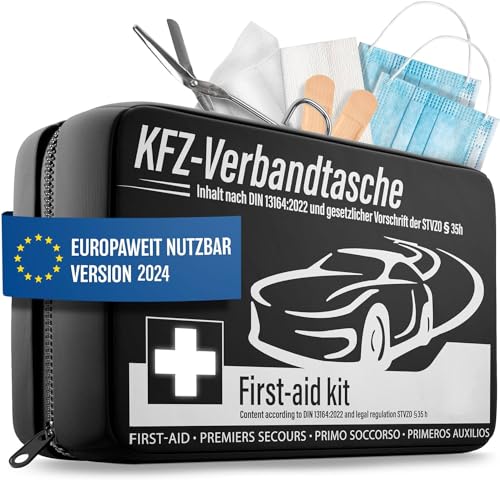 Auto Verbandskasten 2024 [EUROPAWEIT GÜLTIG] & geprüft (StVO konform) - KFZ Erste-Hilfe-Set Verbandstasche DIN 13164 zertifiziert - PKW Verbandkasten Tasche, Erste Hilfe Kasten