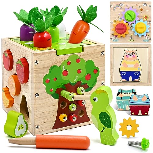 Motorikwürfel 5 in 1 Aktivitätswürfel Spielzeug ab 1 2 3 4 jahr Geschenk, 49 Pcs Montessori Lernspielzeug Steckwürfel Holzspielzeug für Kinder , Activity Center Baby ab 18 Monaten