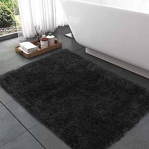 Mibao Badteppich, rutschfeste und waschbare Badematte, Weicher Flauschiger Badvorleger, Shaggy Hochflor-Mikrofasermatte für das Badezimmer, Badezimmerteppich 40 x 60 cm Schwarz Grau