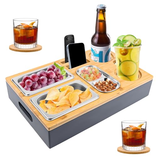 NVIYAM Couchbar Snackbox,Praktischer Sofatablett Snackbox mit Fächern,Abnehmbarer Deckel,mit 3 Abnehmbarem Snackbox mit Getränkehalter für Wohnzimmer Garten Camping Couchbar