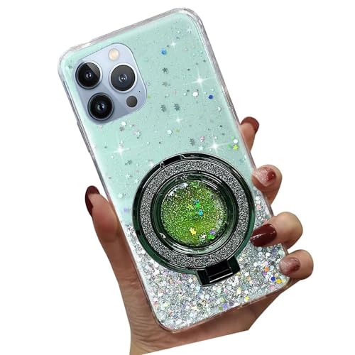 Tivenfezk Nadoli Sparkle Treibsand Ständer Hülle für iPhone 13 Pro Max,Versteckt Ständer Ring Klar Glitzer Stern Handyhülle Durchsichtig Bling Schutzhülle Case Cover,Grün