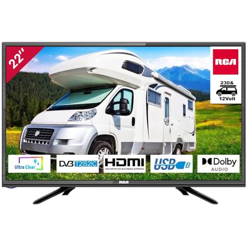 RCA iRB22H3C Fernseher 22 Zoll (TV 56 cm), Dolby Audio, Triple Tuner DVB-C/T2/S2, VGA, HDMI, USB, digitaler Audioausgang, inkl. Hotelmodus, 230V & 12V KFZ-Adapter, optional für Wohnmobil, 2023