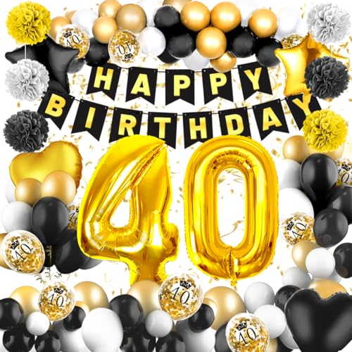 Amteker 40 Geburtstag Männer Frauen Deko, 40. Geburtstag Männer Frauen Luftballons Geburtstag, Konfetti Luftballons Schwarz Gold Deko 40 Geburtstag Mann Frauen, 40 Geburtstag Deko Happy Birthday Deko