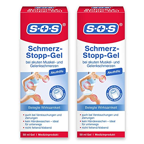 SOS Schmerz-Stopp-Gel, Schmerzgel zur schnellen Linderung von Muskelschmerzen, Gelenkschmerzen und posttraumatischen Schmerzen, mit Massage-Applikator und Kalt-Warm-Wirkung, 2 x 50 ml Gel