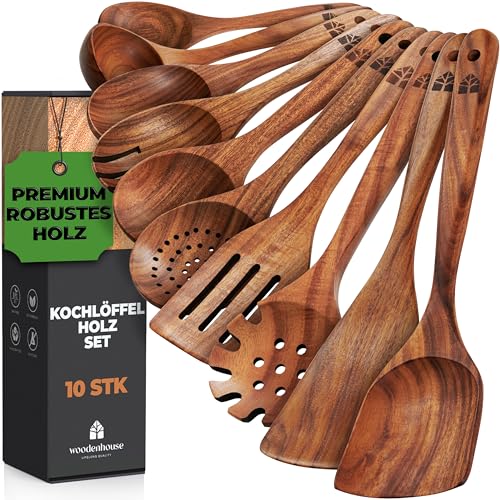 Holzkochlöffel 10 Stück Kochlöffel Set Holz - Holzlöffel aus Teakholz für das Kochen - Holzkochlöffel, Pfannenwender holz, Suppenkelle, 10 Stück - Natürlich, Perfekt für Antihaft von Woodenhouse