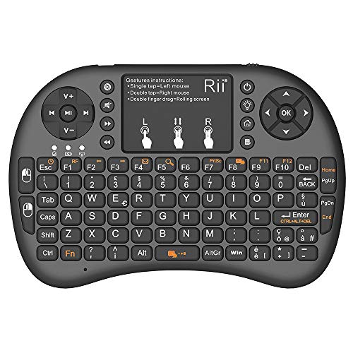 Rii, Mini i8+, Wireless-Mini-Tastatur mit Mouse-Touchpad und Hintergrundbeleuchtung für Smart TV, Mini PC, HTPC, Konsole, Computer (italienisches Layout) i8+ Wireless (NERO)