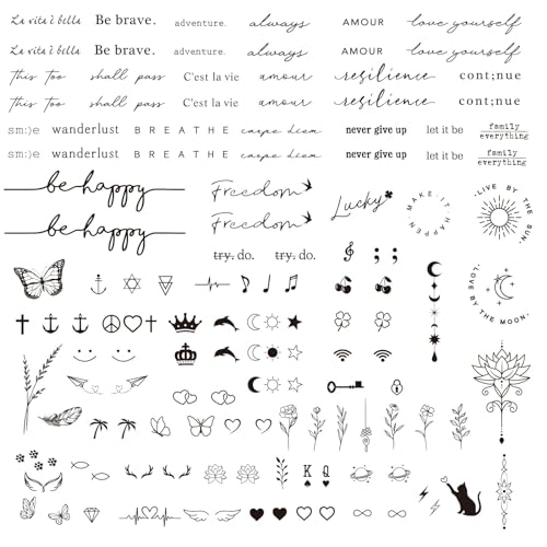 COLOFALLA 3 Blätter 130+ pcs Temporäre Tattoos langanhaltend Fake Tattoos Wasserfest Tattoos zum Aufkleben Klein Sprüche für Frauen Mann