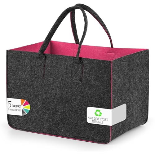 Einkaufskorb, Einkaufstasche mit Henkel, Robust/Gut Verarbeitet/Faltbar Die Filztasche Storage für Outdoor Trips, Picknick, Einkaufen, Farbe: Außen Dunkelgrau - Innen Rosa