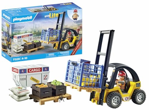 PLAYMOBIL MyLife 71528 Promo Pack Gabelstapler mit Fracht, aufregende Logistikarbeiten am Hafen, inklusive Paletten und zahlreichen Lagerbeständen, detailreiches Spielzeug für Kinder ab 4 Jahren