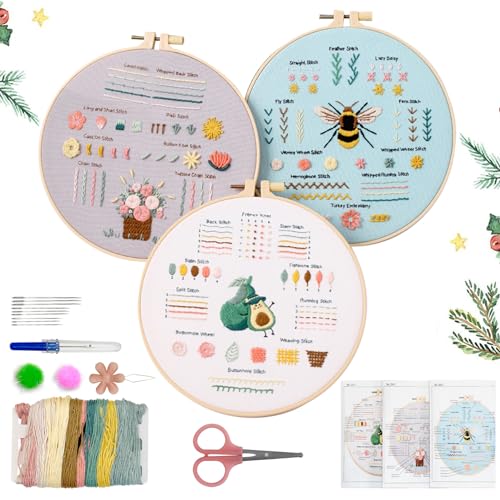 Cimvidi Stickset für Anfänger, Blumenmuster-Pflanzen Stickerei set mit 3 Bambus-Stickrahmen, Anleitung und Werkzeuge, Embroidery kit für DIY Kunst, Handwerk, Nähen